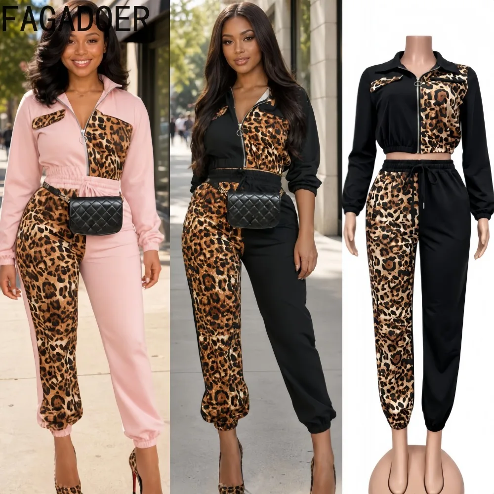 FAGADOER Women Leopard Color Block 2 Piece Set Long Sleeve Zip Up Crop Jacket High Waist Jogger Pants Casual Streetwear Outfit