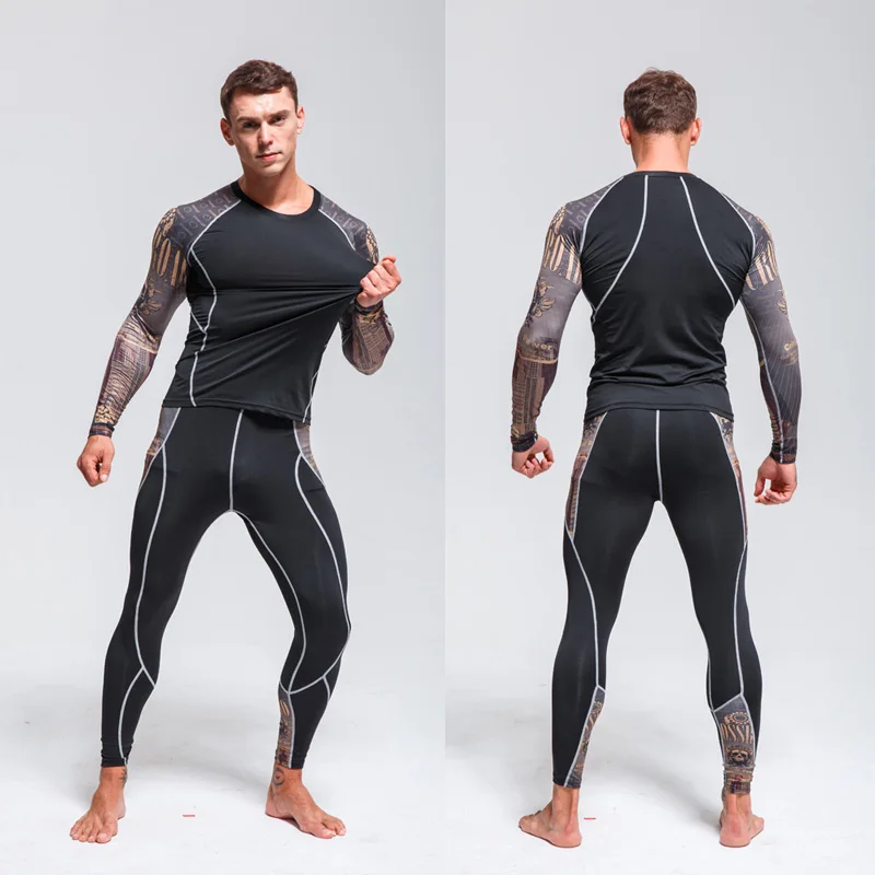 Compression Sports underwear Set Mens Running T-shirt Tights 2 Pc Long Sleeve Shirt Sun Protection Skin Bodybuilding Clothing