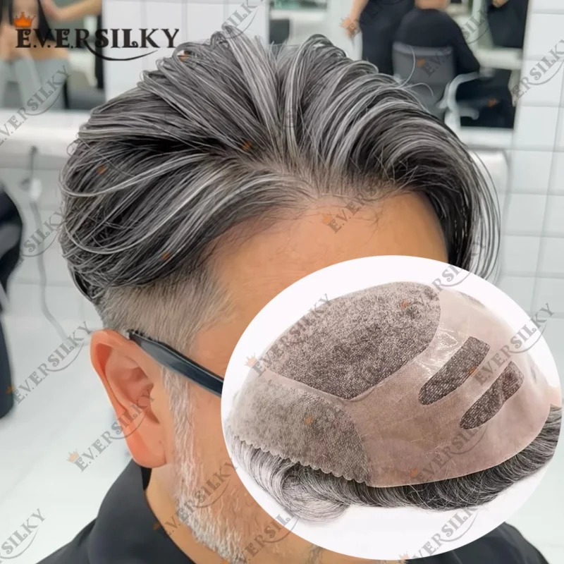 

1B65 Gray Realistic Bond Men's Toupee 110%-130% Density Durable NPU & Fine Mono Gray Male Human Hair Prosthesis Capillary System