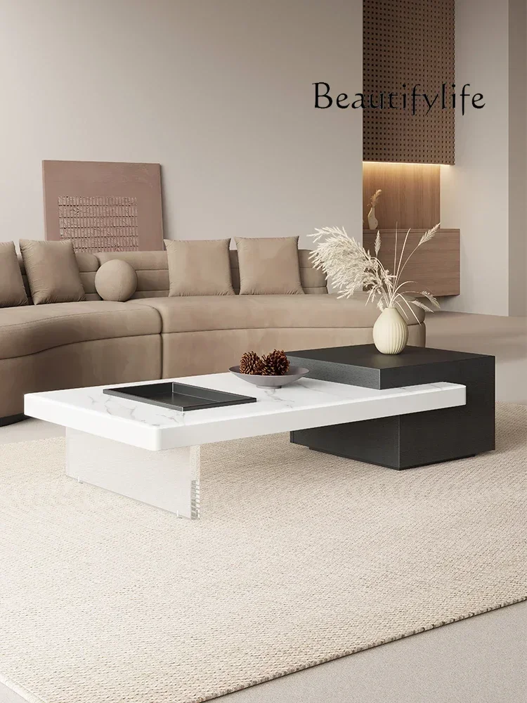 

Sili Style Square Coffee Table Simple Living Room Super Crystal Stone High-End Design Retractable Tea Table