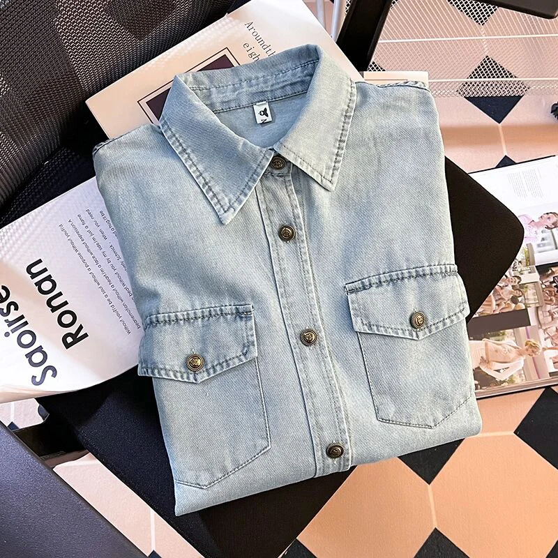 Retro Lapel Denim Shirts For Women Spring Autumn Trend Versatile Single Breasted Tops Female Casual Long Sleeved Blue Coats