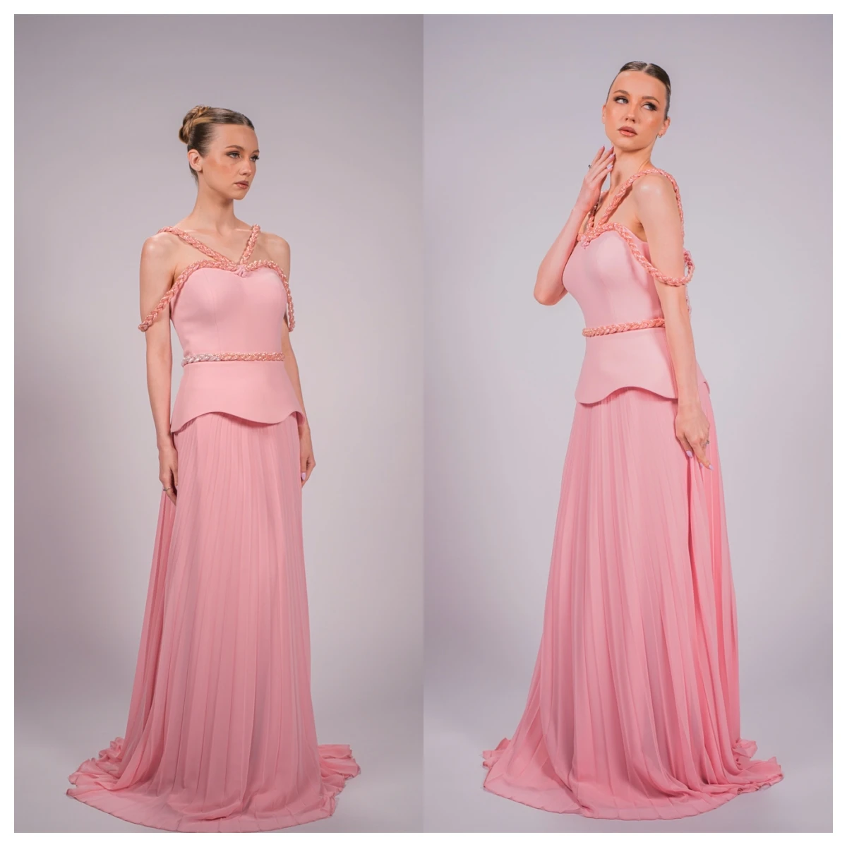 تخصيص أزياء الوردي الشيفون مساء اللباس قارب الرقبة قبالة الكتف أكمام فساتين المناسبات الخاصة فستان العودة للوطن