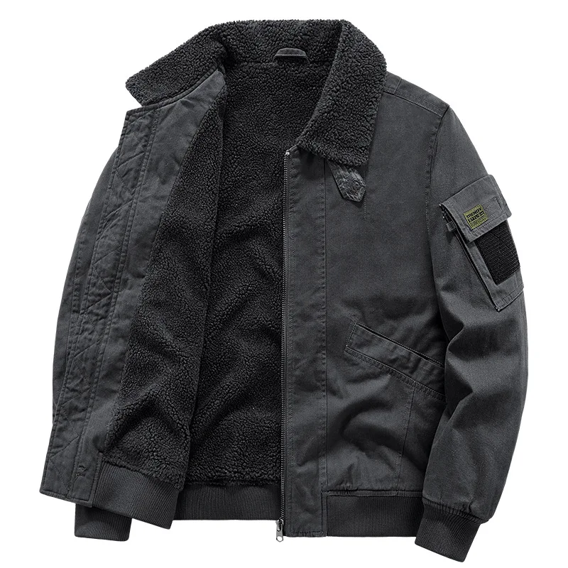 Male Cargo Coats Clothes Men's Thicken Casual Trendy Solid Color Turn-down Collar Long Sleeve Zipper Simple Basic Wool Jackets