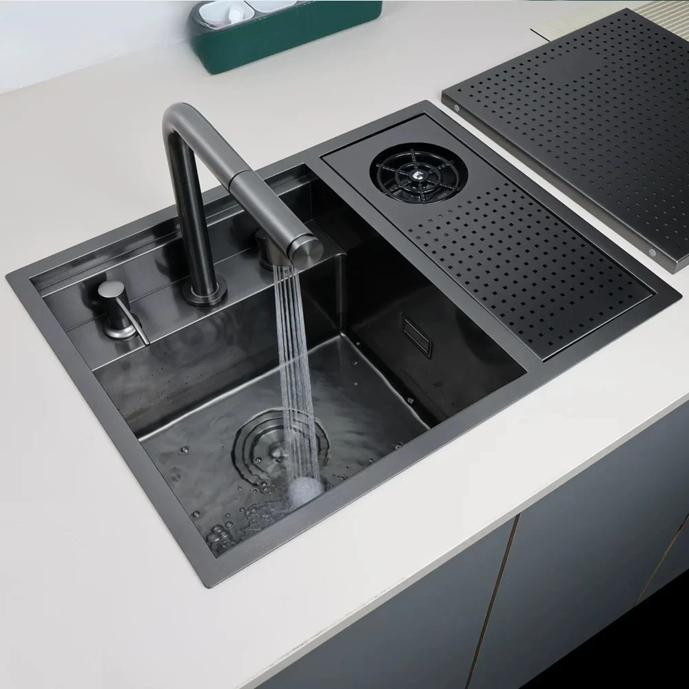 Open Kitchen Hidden Black Handmade Sink Single Sink 304 Stainless Steel Bar Counter Dishwashing Basin Sink