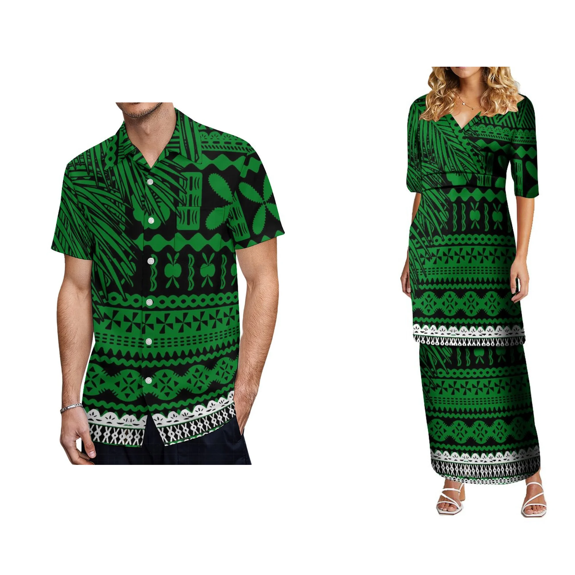 Polynesian Couple Suit Custom Women's Dress Men's Shirt Samoan Tribal Design Women's Puletasi V Collar Design