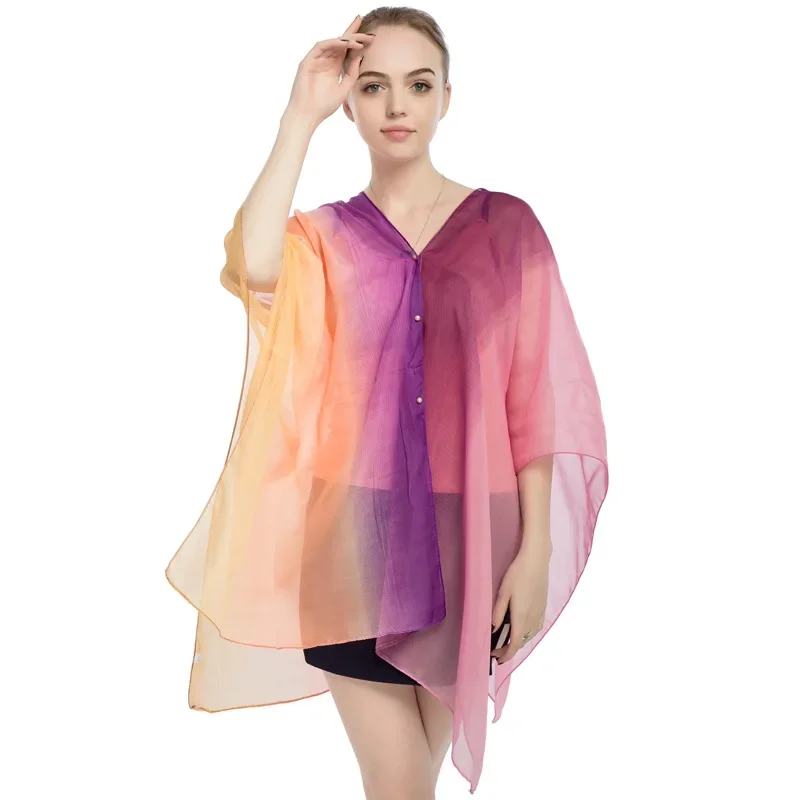 2024 Summer Style New Chiffon Women Pullover Cape Print Gradient Rainbow Sunscreen Cape Lady Poncho Capes Green Imitation Silk