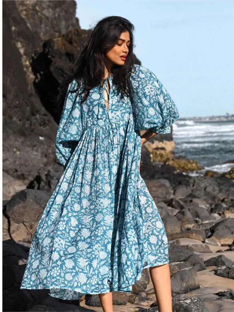 

Fashion Vintage Floral Print Dresses Women Casual Loose Lantern Short Sleeves Midi Dress Summer Lady Commuting Vacation Vestidos