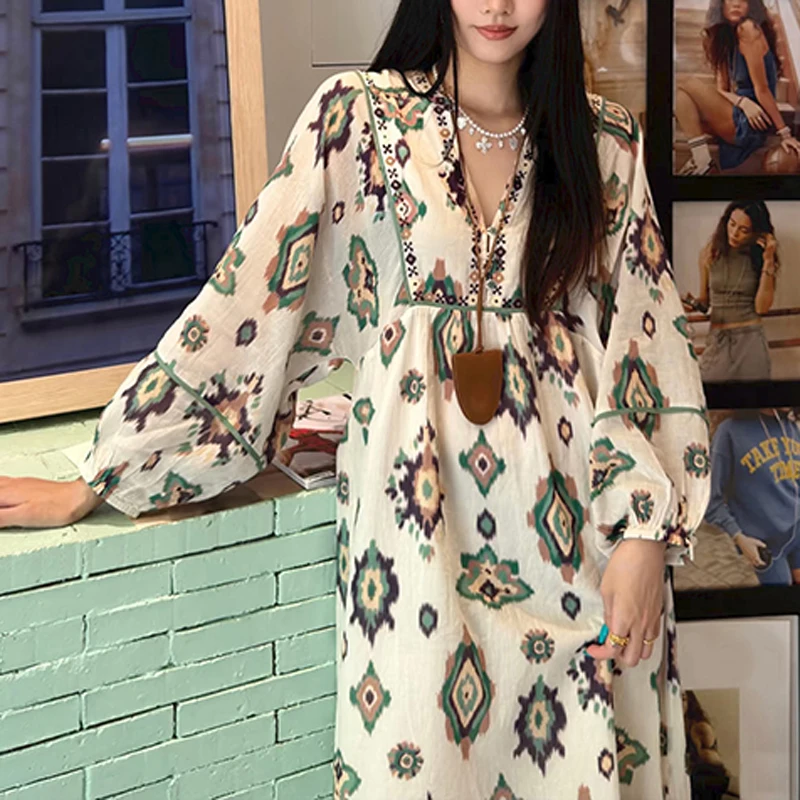 

Bohemian Style Long Sleeve V-Neck Print Lantern Sleeve Dress Summer Fashion High Waist A-Line Dress Casual Wear for Women