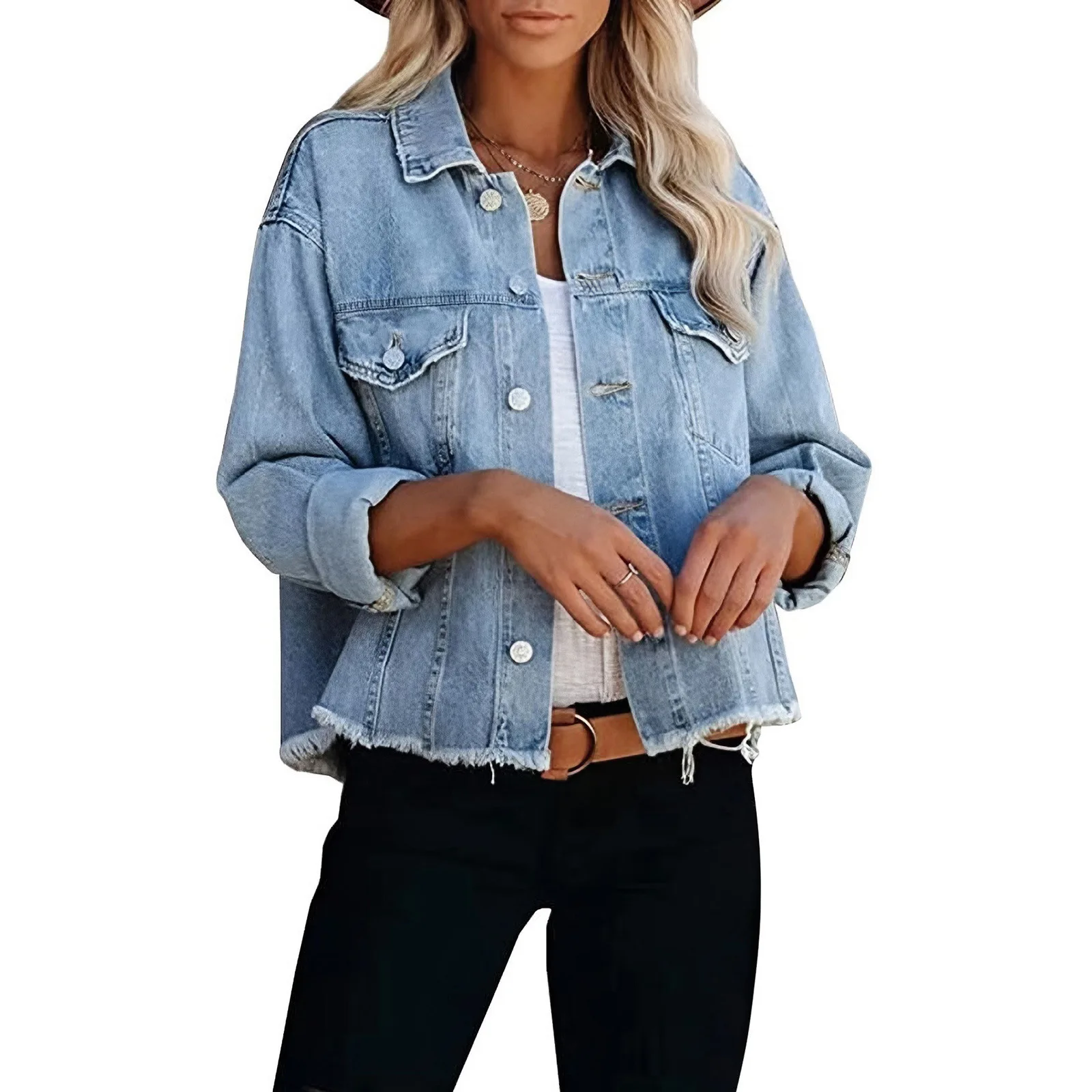 

2023 Autumn New Women's Denim Jacket Fashion Long Sleeve Raw Edge Jeans Coat Casual Female Clothing S-2XL