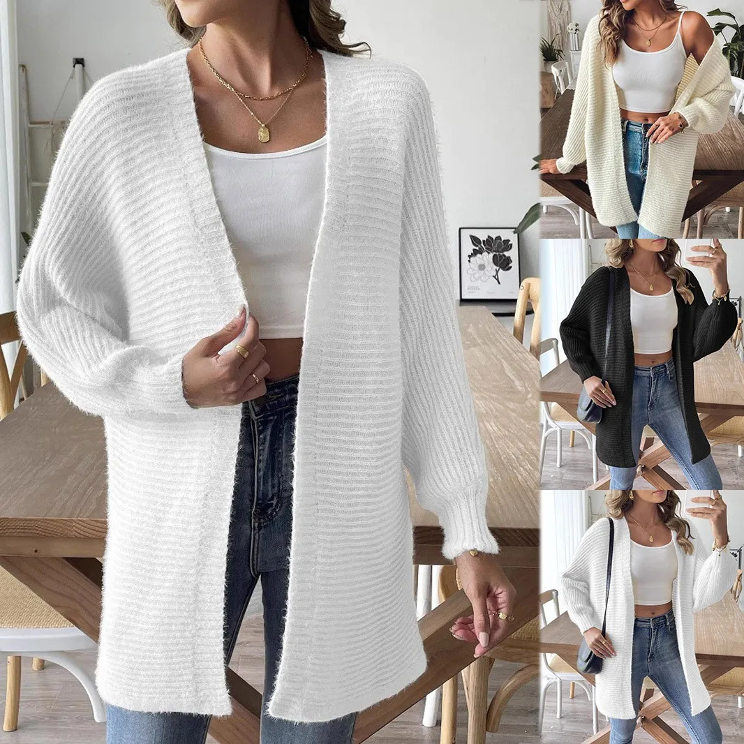 Single V Neck Sweater Midi Length American and European Style with No Button Closure Medium Weight Open Front Cardigan for Women