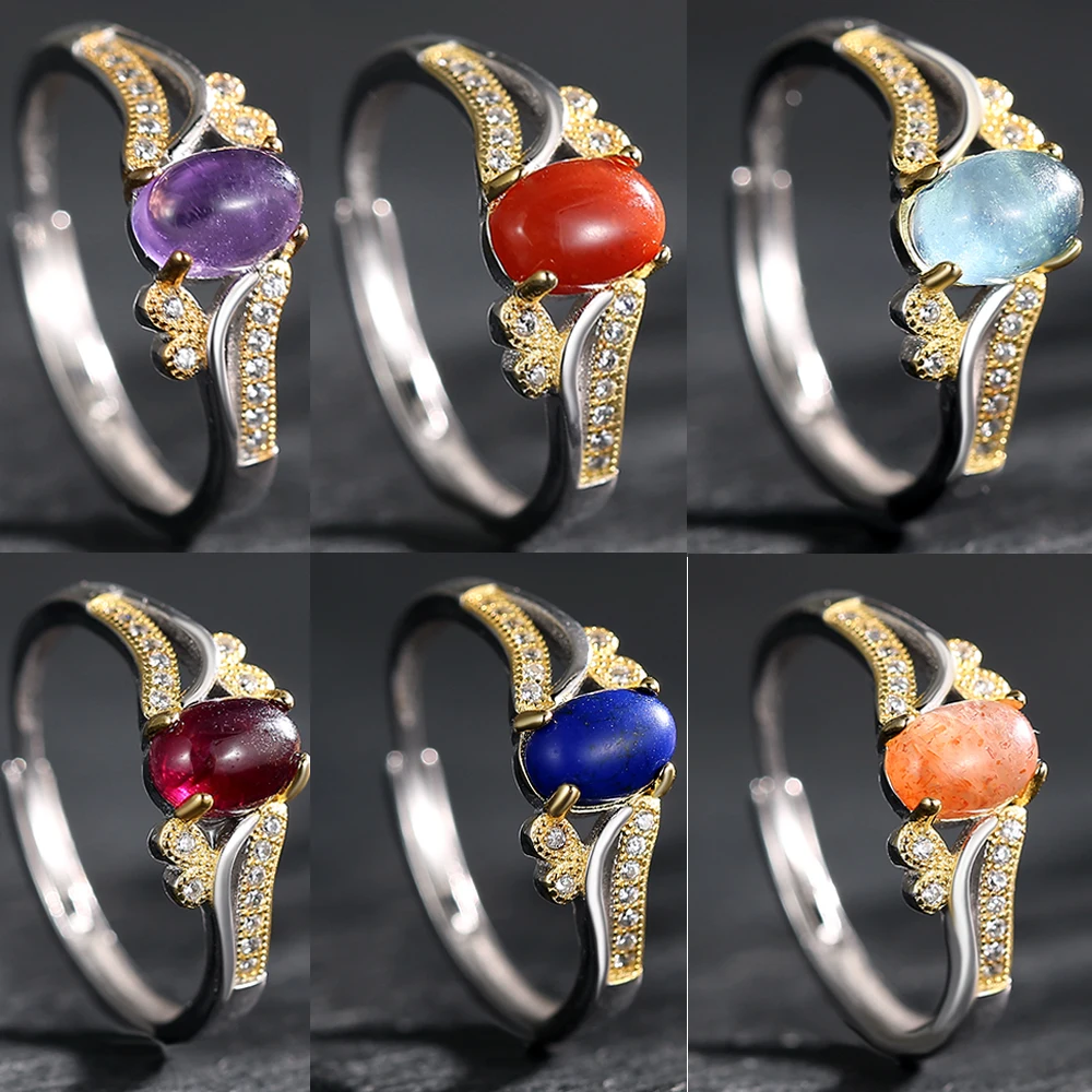 Genuine 925 Sterling Silver 7*5mm Oval Natural Garnet/Amethyst/Aquamarine/Red Agate Ring For Women Valentine's Gifts Jewelry