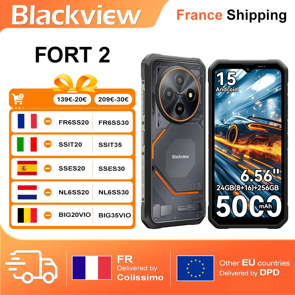 Blackview FORT 2 [pas de chargeur UE] Smartphone robuste 8 Go + 256 Go/8 Go + 128 Go 5000 mAh 18 W Android 15 6,56 ''HD + IPS NFC/GPS double SIM