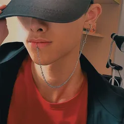 Fake Lip Ring 1 Earring Punk Style Steel Hinged Lip Ring Earing 2 In 1 with Long Chain Trendy Piercing Fake Piercing Septum Goth