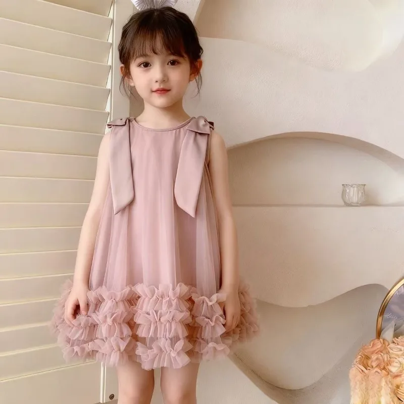 Bear Leader 2026 Korean Version Bow Sleeveless Mesh Wedding Party Birthday Dress Baby Girl Easter Summer Princess Dresses