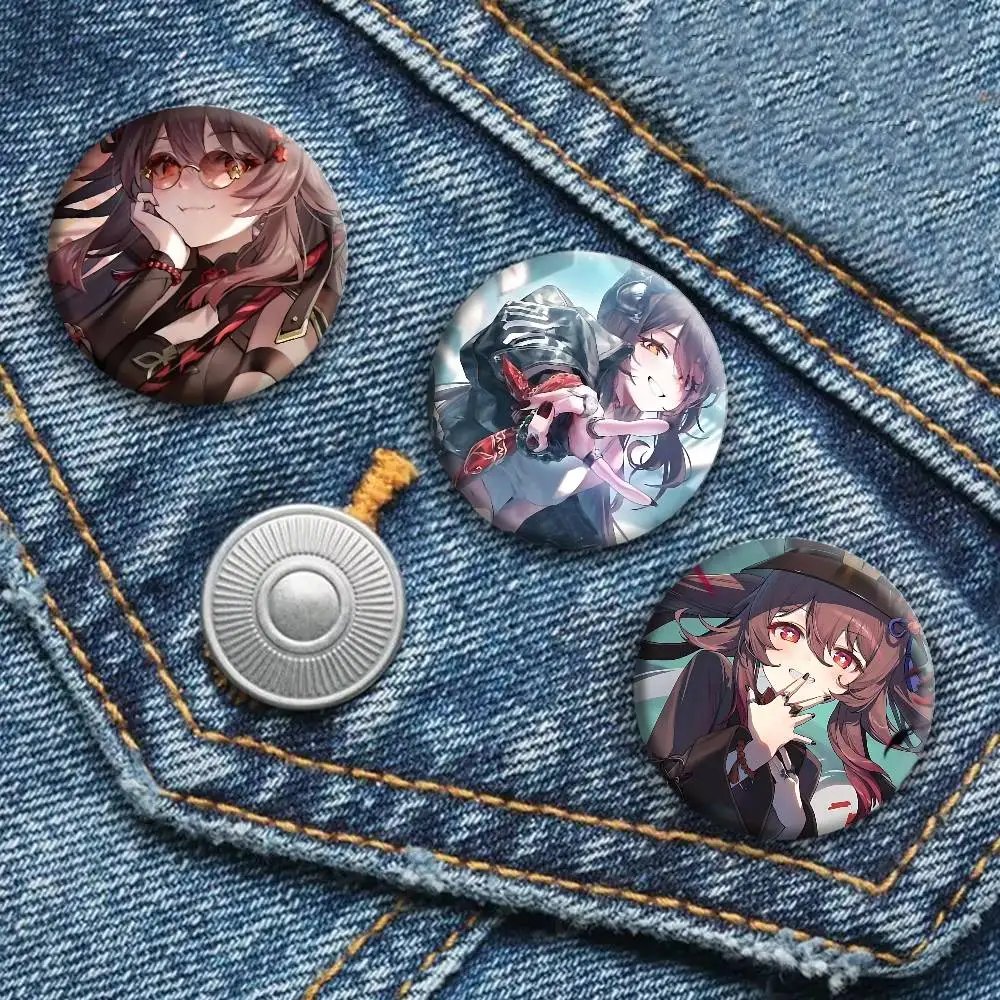 Game Genshin Impact Hu Tao Badge Tinplate Round Laser Brooch Clothes Backpack Accessories Lapel