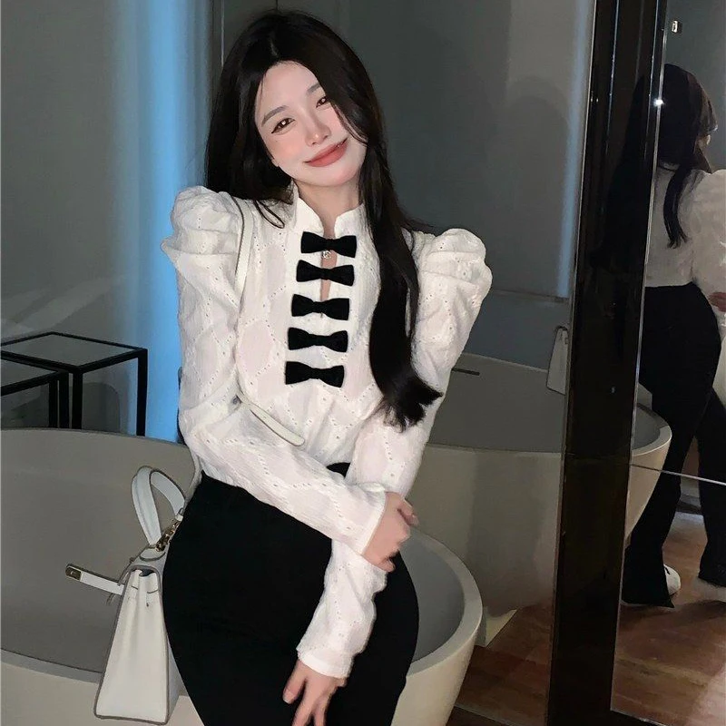 Y2K Women White Shirt Korean Elegant Bow Hollow Out Stand Collar Female Blouse Spring New Chic All Match Long Sleeve Ladies Tops