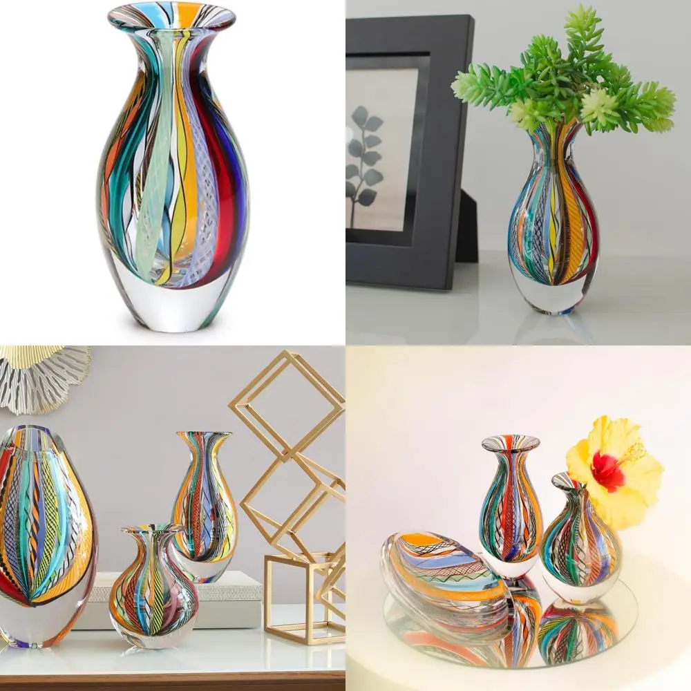 مزهرية زجاجية بوهيمية مصنوعة يدويًا مع زجاج فني ملون مستوحى من مورانو، موديل 2