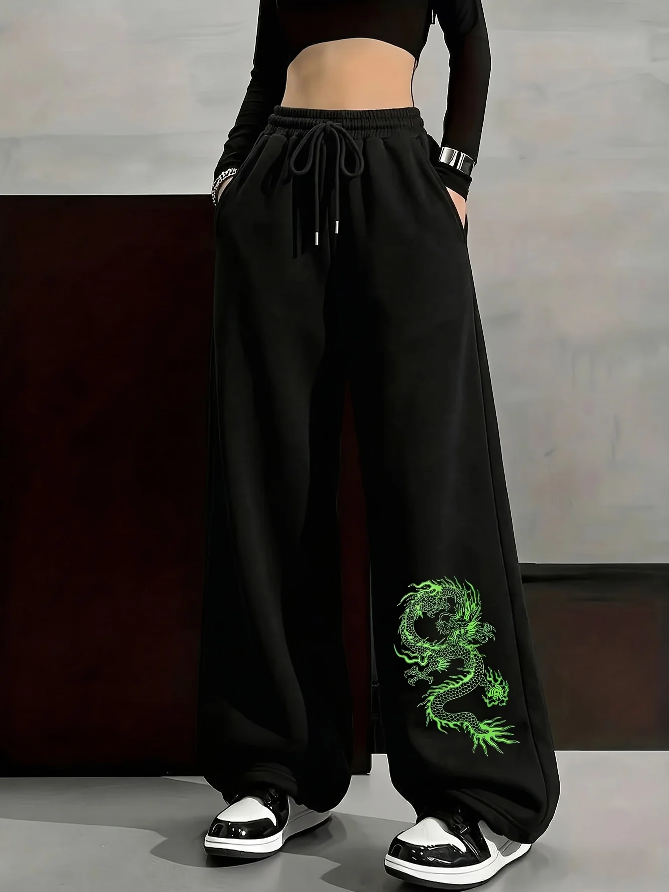 Y2K Personalized Blue Dragon Pattern Printed Casual Sports Pants, American Casual Trend Women's Straight Leg Pants