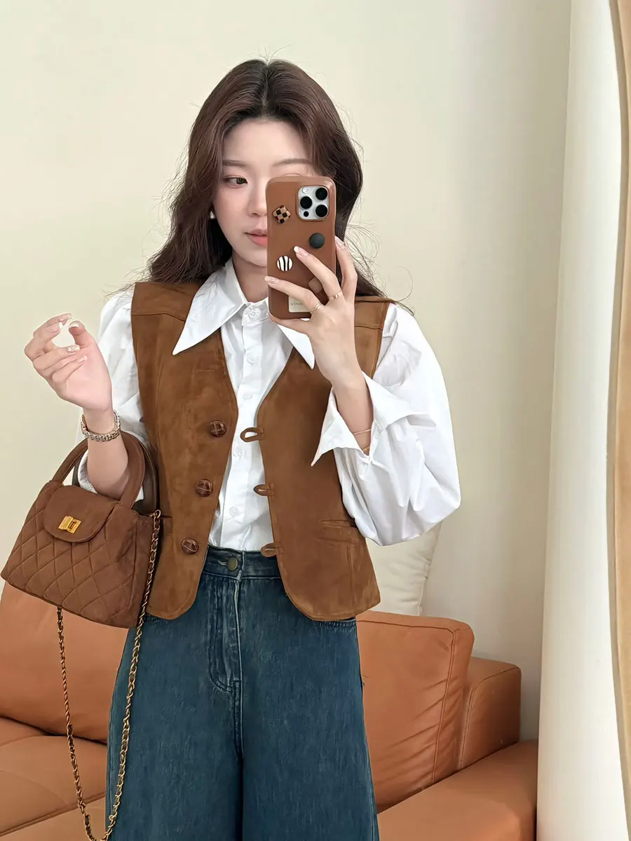 Women's Retro Brown Suede Vest, Old Money Style, American Vintage, Cowgirl Waistcoat, Sleeveless Jacket/Tops, Autumn Trend 2024