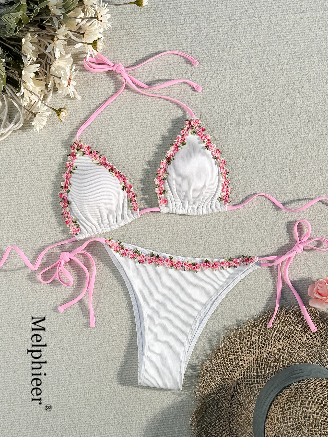

Melphieer Lady's 3D Flower 2 Piece Bikini Set Summer Style Rib Bikinis Women 2025 Beach Pool Club Swimsuit New Holiday Outfits