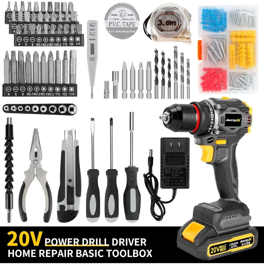 Compact Brushless Cordless Drill Tool Set with 20V Battery and 135Piece Household Combo Kit for DIY Home Repairs 60N.m Torque P