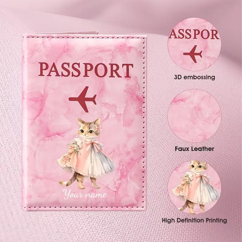 Personalized Custom Name Cute Cat Princess Style Illustration Design Passport Holder, Featuring a Pink Dress Cat Image Paired