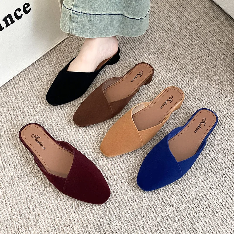 Women's Velvet Sandals Half Slippers Outdoor Wear Summer Anti-Slip Crystal Shoes Lazy Person Head Covering Half Slippers