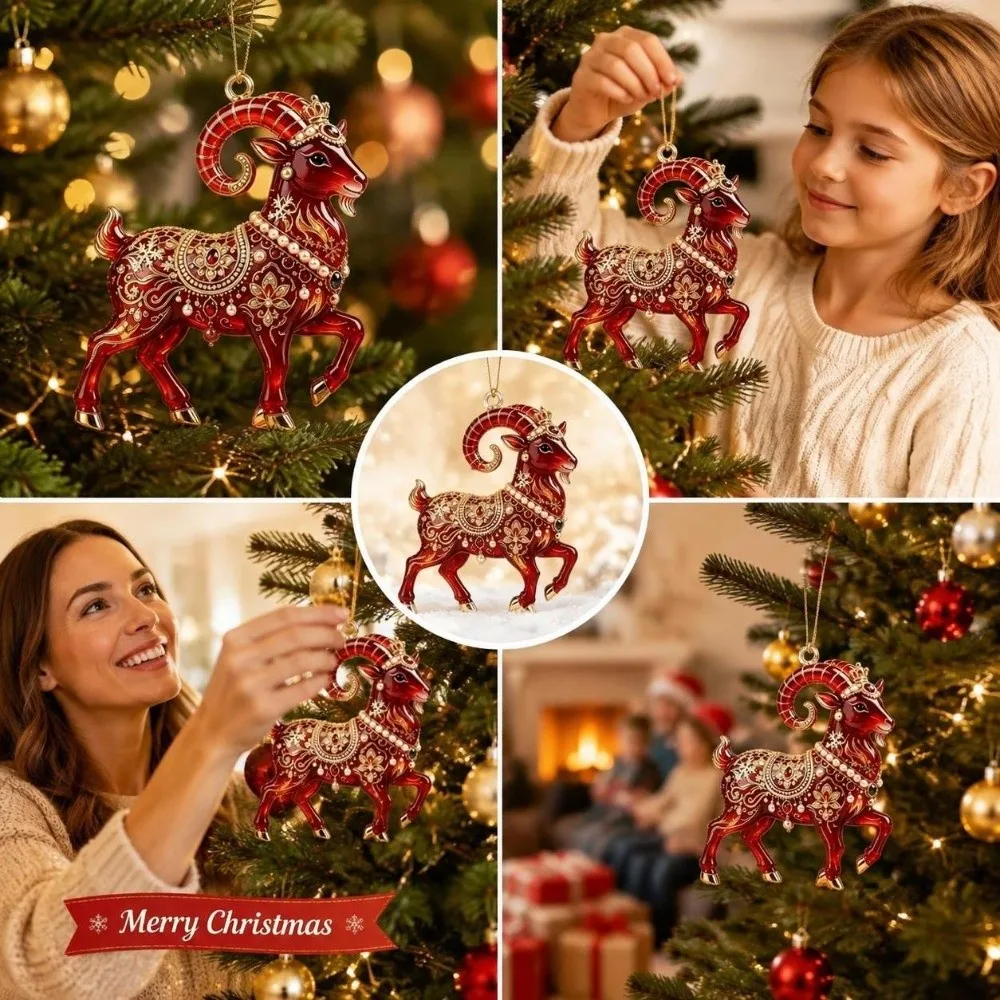 2D Flat Goat Hanging Ornament Acrylic Shining Animal Hanging Decoration Simulation Artificial Rhinestone Christmas Tree Ornament