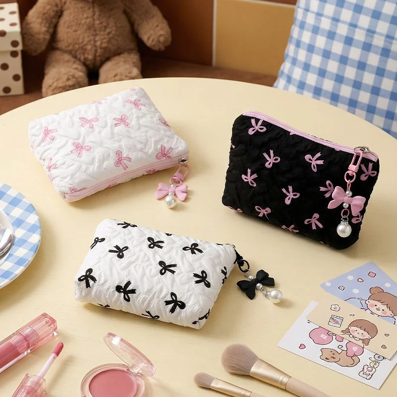 1PC Color Bow Canvas Large Capacity Lipstick Air Cushion Storage Bags Women's Makeup Bag Commuter Handbag Travel Toiletry Bags
