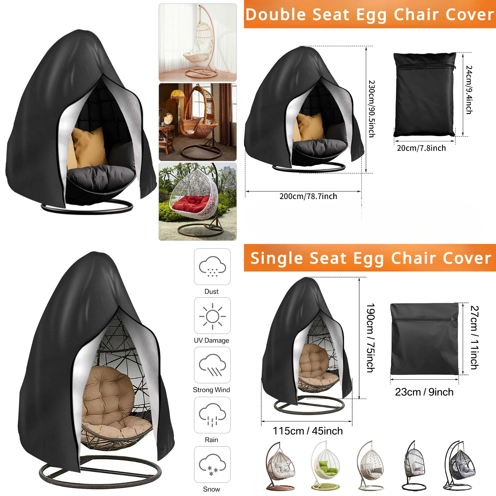 Patio Hanging Egg Chair Cover Waterproof 210D Heavy Duty Single/Double Seat Cocoon Swing Egg Chair Covers Garden Dust Protector