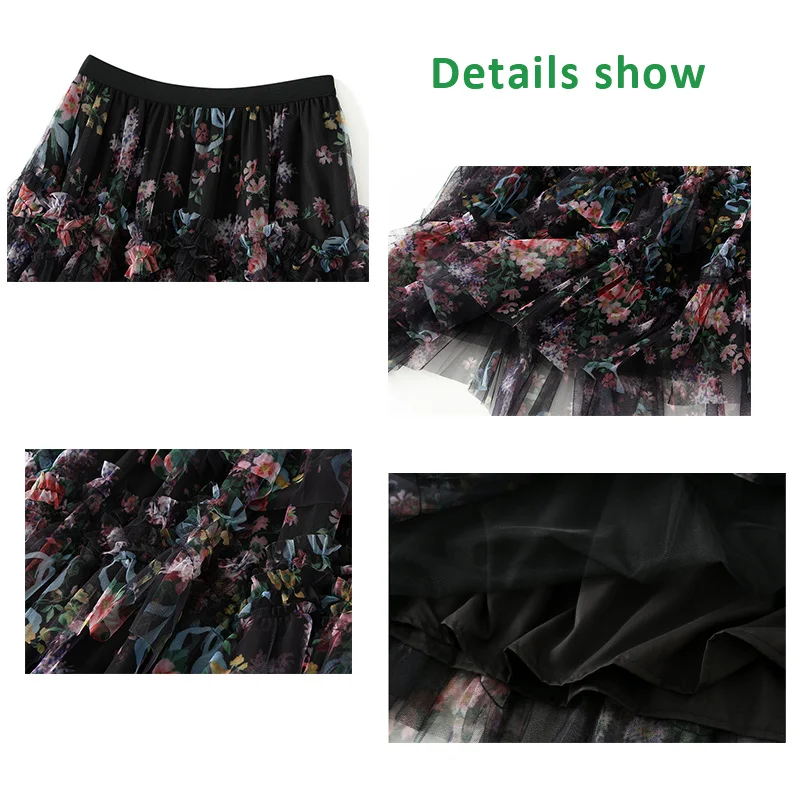 Colorful Flower Mesh long Skirt for Women 2025 Spring Summer French Court Style Cake Midi Dress Tulle Tutu Skirts