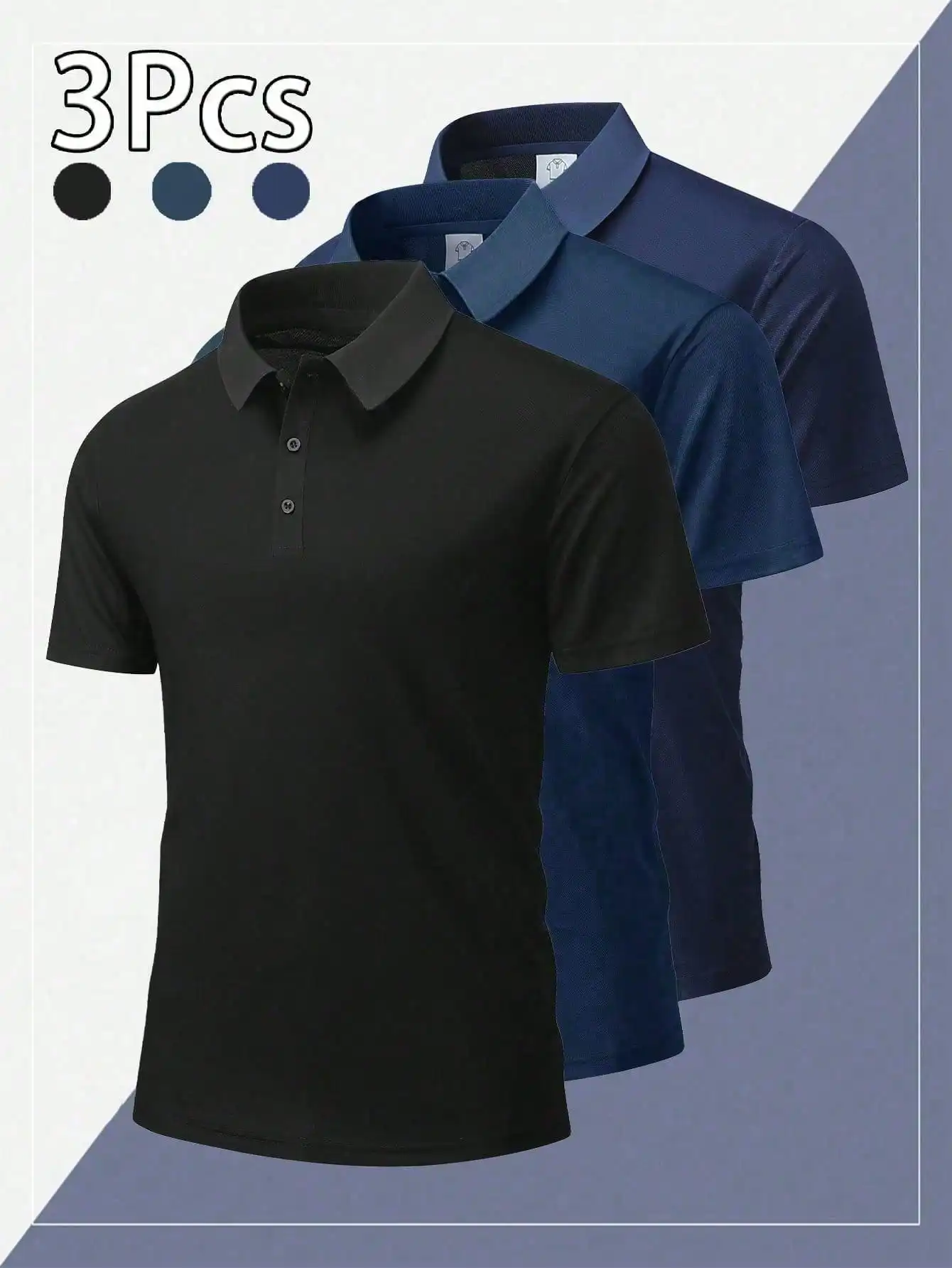 

3-Pack Men's Short Sleeve Polo Shirts - Black & Navy, Quick-Dry, Casual & Business