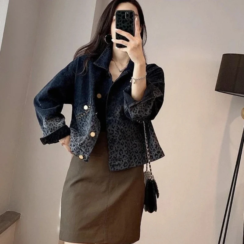 Female Jeans Coat Short Spring Autumn Small Crop Outerwears Graphic Blue Leopard with Print Women's Denim Jackets Black Designer