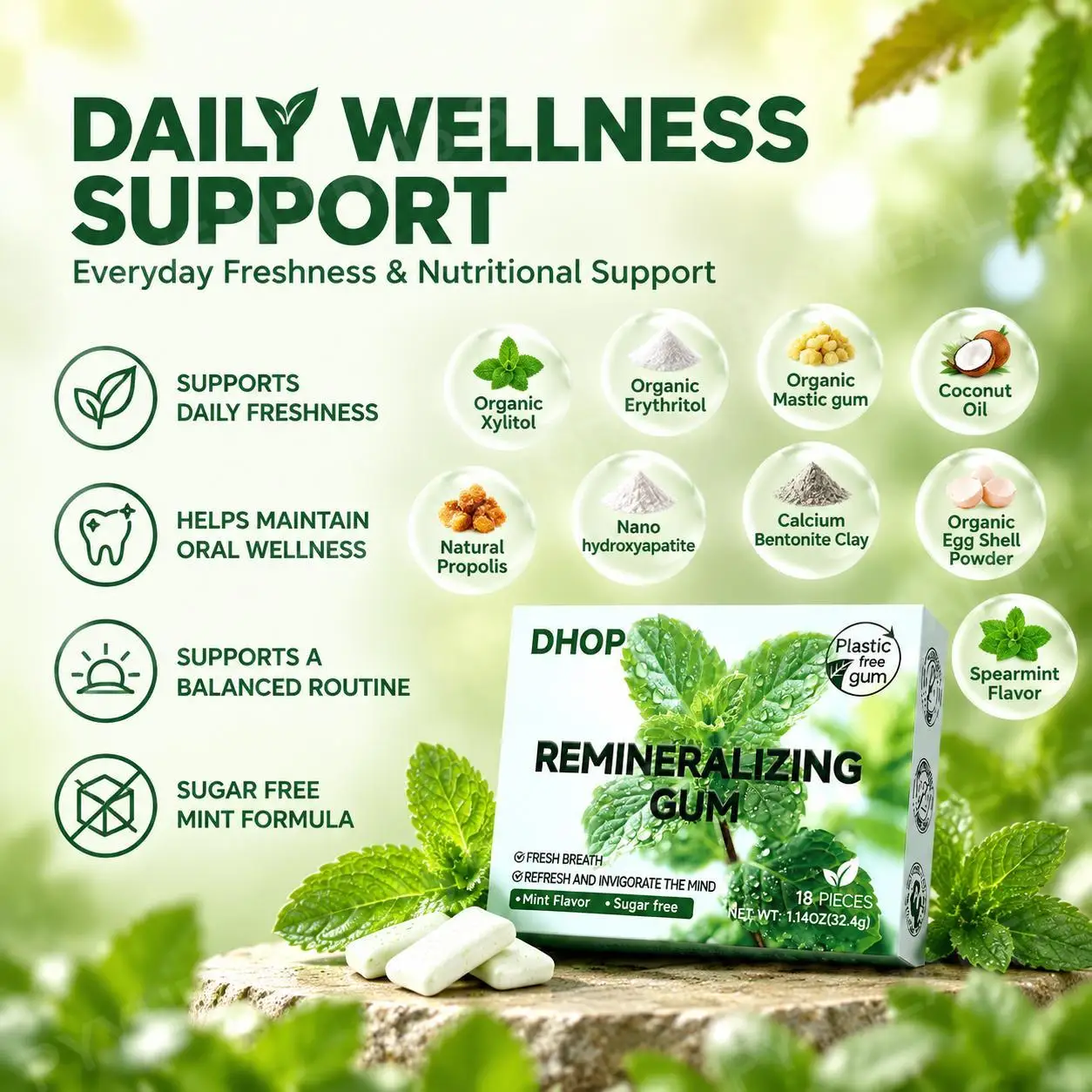 Remineralizing Gum with Nano Hydroxyapatite for Weak Enamel, Yellow Teeth & Bad Breath, Sugar-Free Intense Mint, 18 Pieces - view 4