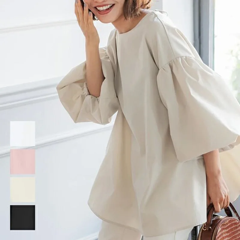 

New Japan Korea Summer Loose Fit Women's Shirt Cotton Oversized Lantern Sleeve Round Neck Top Regular Casual All Season Tee