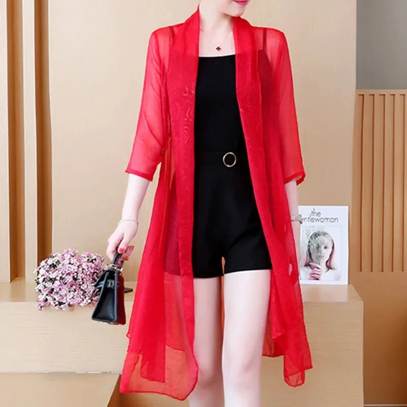 Thin Chiffon Windbreak 2023 New Womens Summer Outerwear Cardigan Loose Sunscreen Shawl Coat Air-Conditioned Shirt Elegant