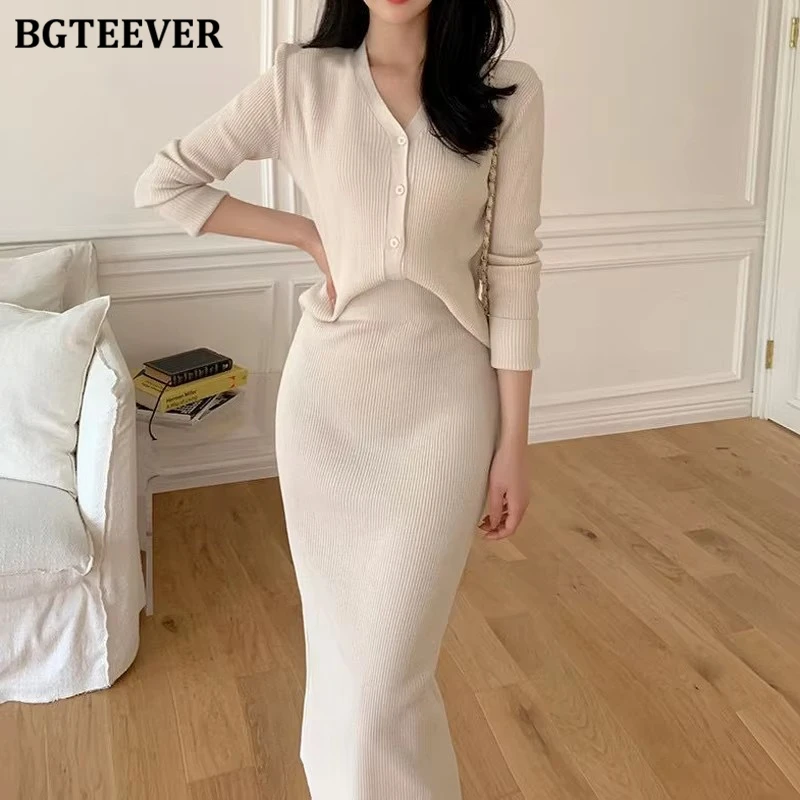 BGTEEVER Autumn Winter Women Knitted Outfits V-neck Single-breasted Cardigans & Package Hip Midi Skirts Ladies Sweater Set