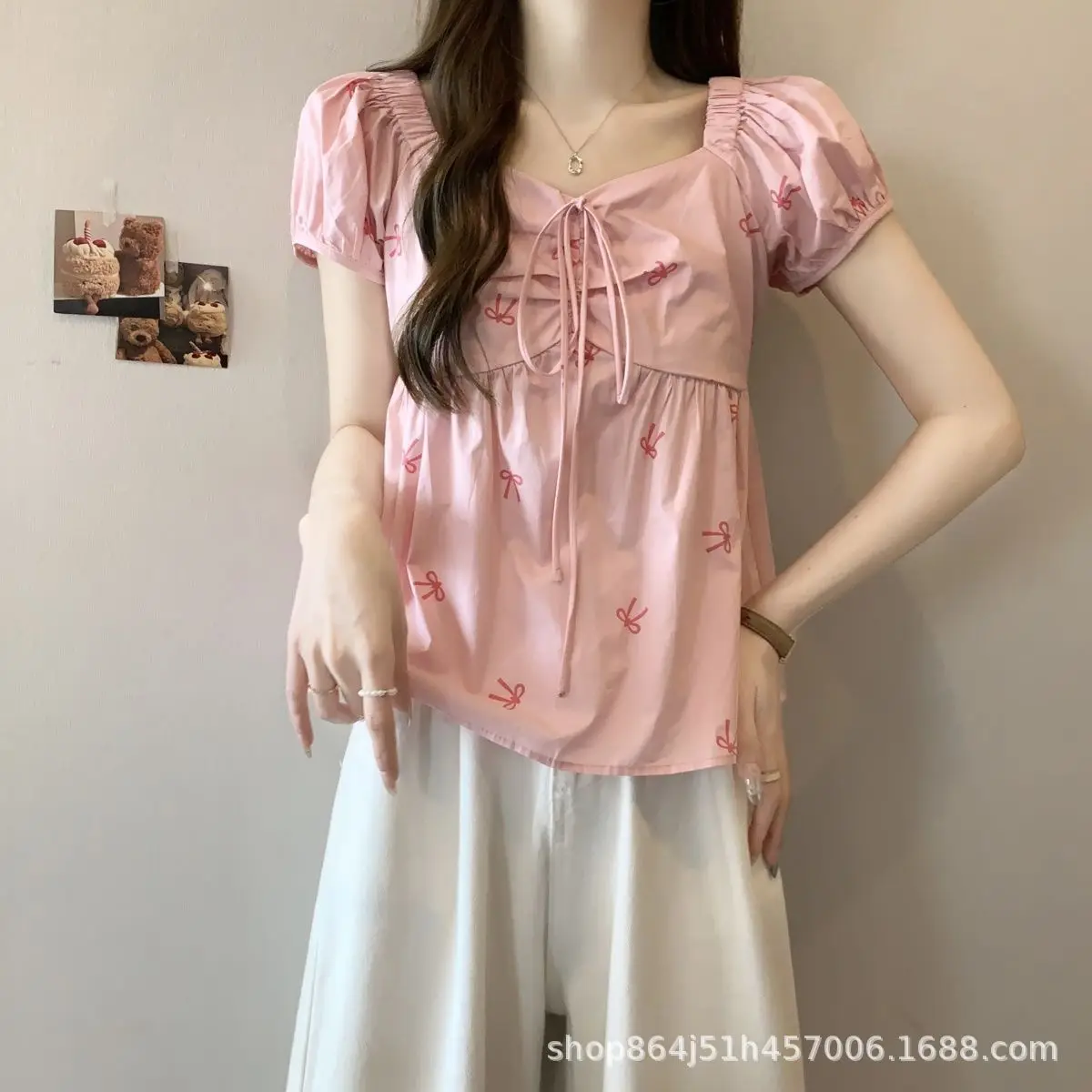 New Spice Girl Bow Print Shirt Women's Summer Design Lace-up and Thin Short Bubble Women's Summer Top