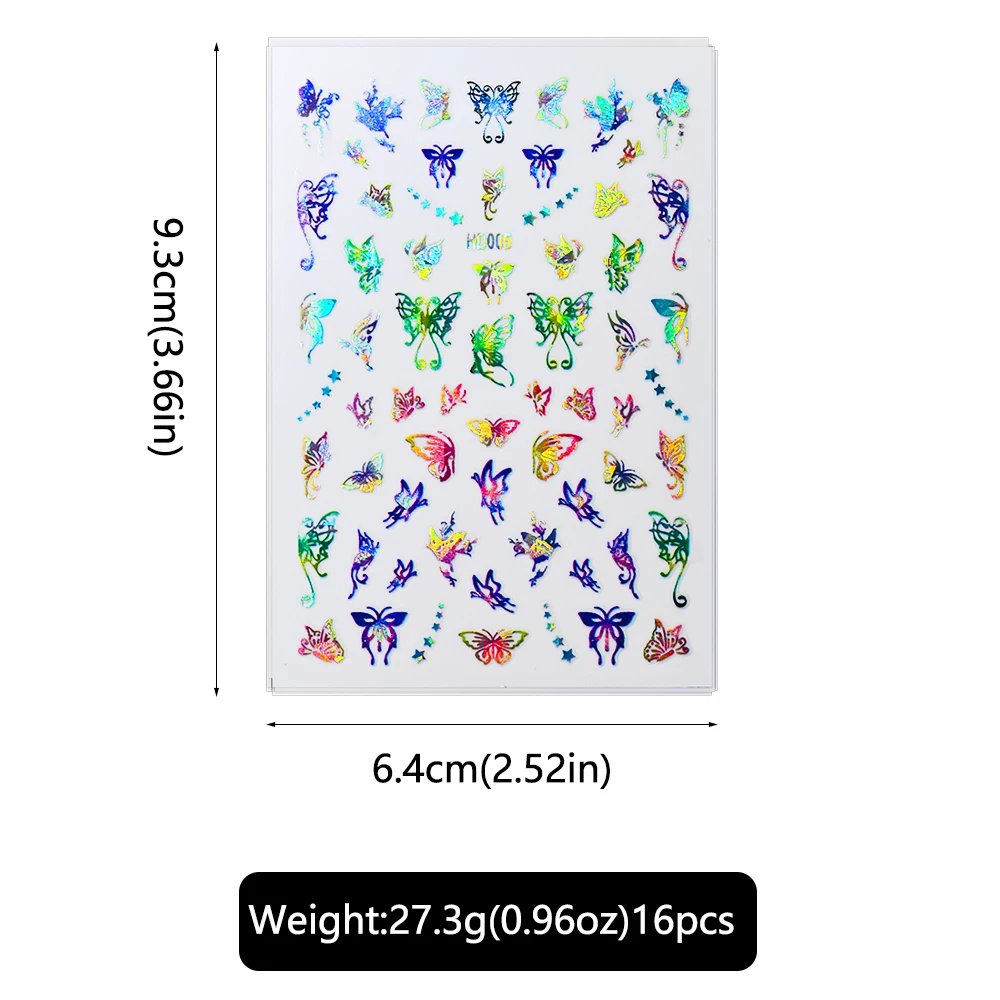 16pcs/set Silver Laser Butterfly Nail Stickers 3D Metallic Colorful Holographic Butterflies Nail Art Decals DIY Manicure Slider#