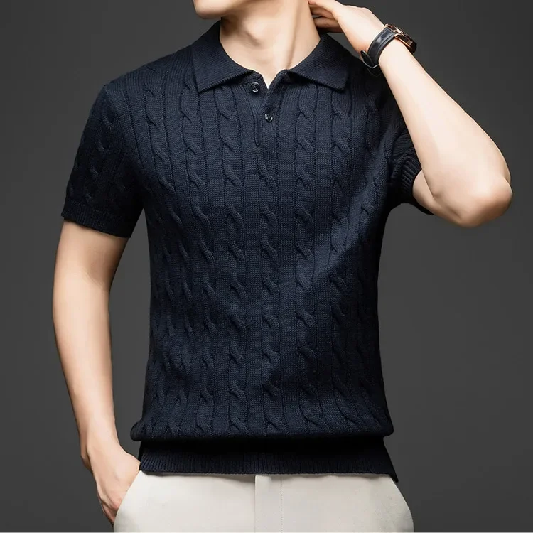 100% Baumwolle Herren Strick-Poloshirt Kurzarm Baumwolle Zopfmuster Retro Umlegekragen Lässiges Business-Oberteil – Detail 11