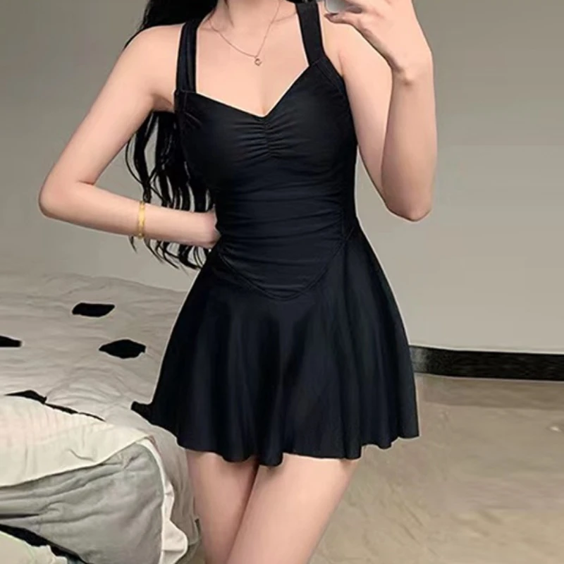 Swimming Suit for Women Solid Color Slimming One-piece Dress Style Conservative Waist Tightening Slimming Vacation Swimsuit