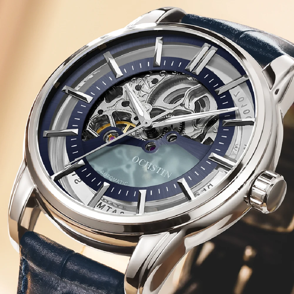 OCHSTIN Automatic Men Slim Watch Skeleton Self Winding Mechanical New Fashion Casual Open Heart Classic Leather Strap Male Clock