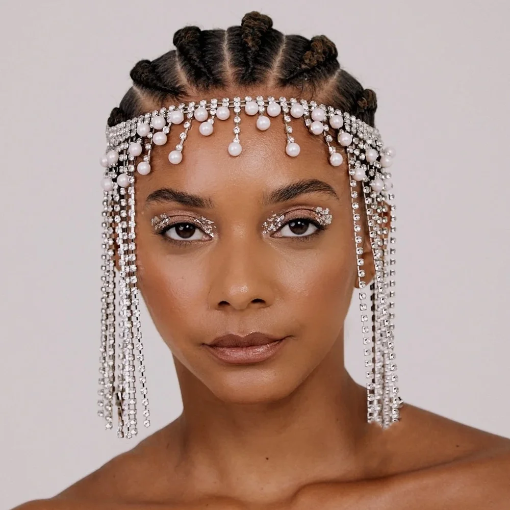 

New Pearl Rhinestones Tassel Fringed Hair Chain Headband Wedding for Women Bridal Crystal Headwear Headpiece Head Wig Chain