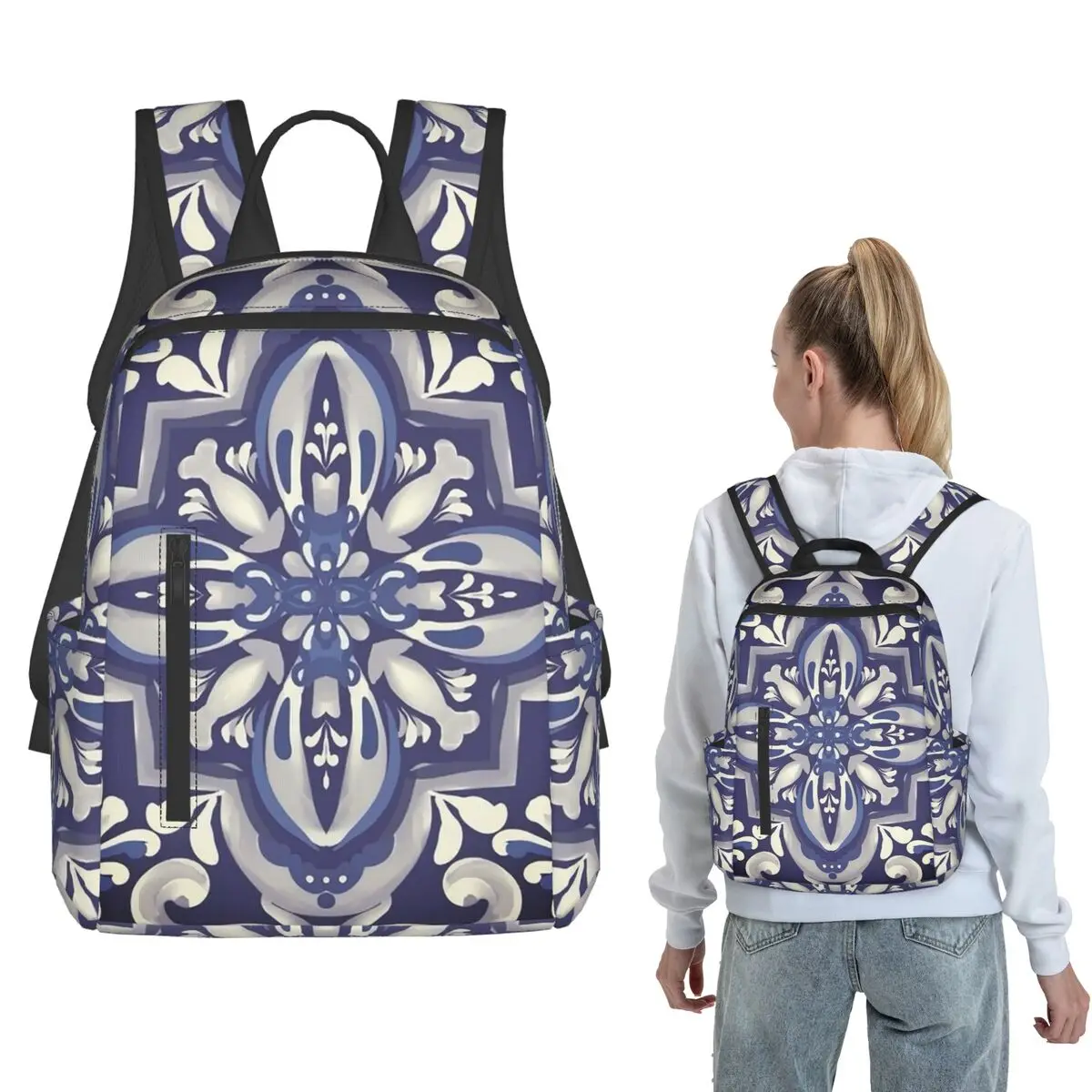 

Blue Mosaic Tiles,Mediterranean Tiles Backpack Large Capacity Boys Girls BookBag School Bag Shoulder Bags for Men Women