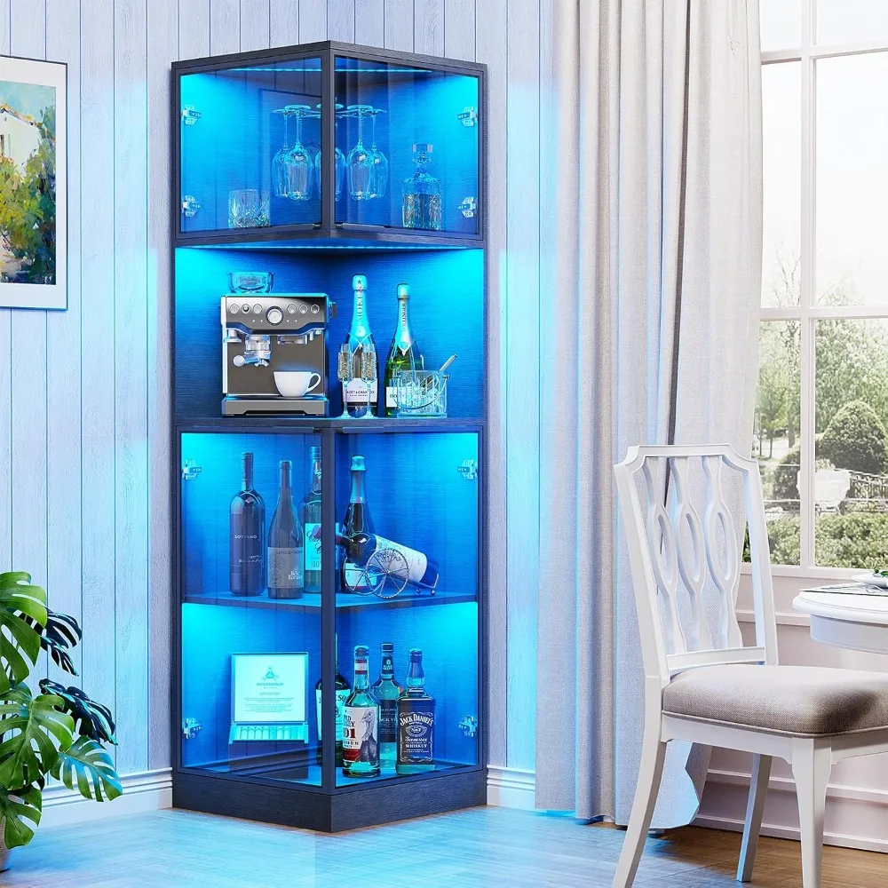 

Bar Cabinet with LED Lights, 63" Wine Bar Cabinets for Liquor and Glasses, 4-Tiers Home Coffee Cabinet with Open Storage Shelf