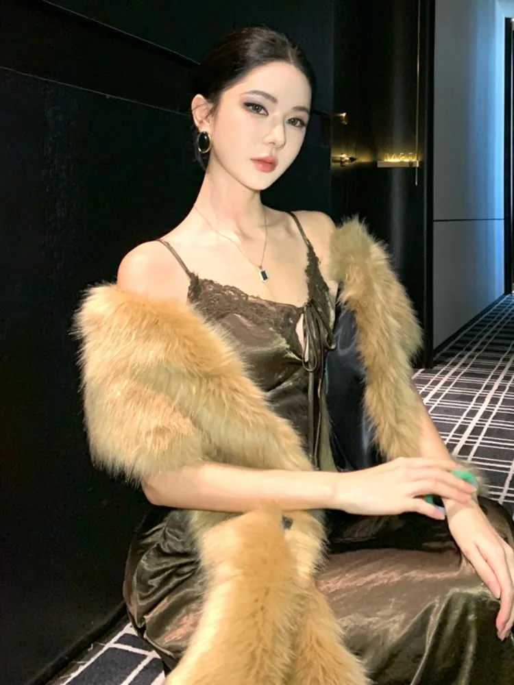 

Retro High Faion Lace Satin Long Dr Women's Slim Fit Fi Tail Gown Birthday Par Dr Ele Simple Sle Autumn Wear