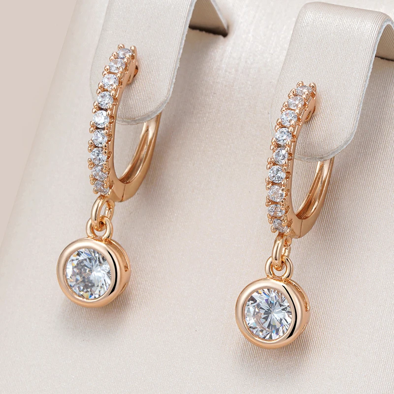 Wbmqda Fashion Round Natural Zircon Pendant Earrings For Women 585 Rose Gold Color Girls Ear Drop Jewelry Gifts Accessories