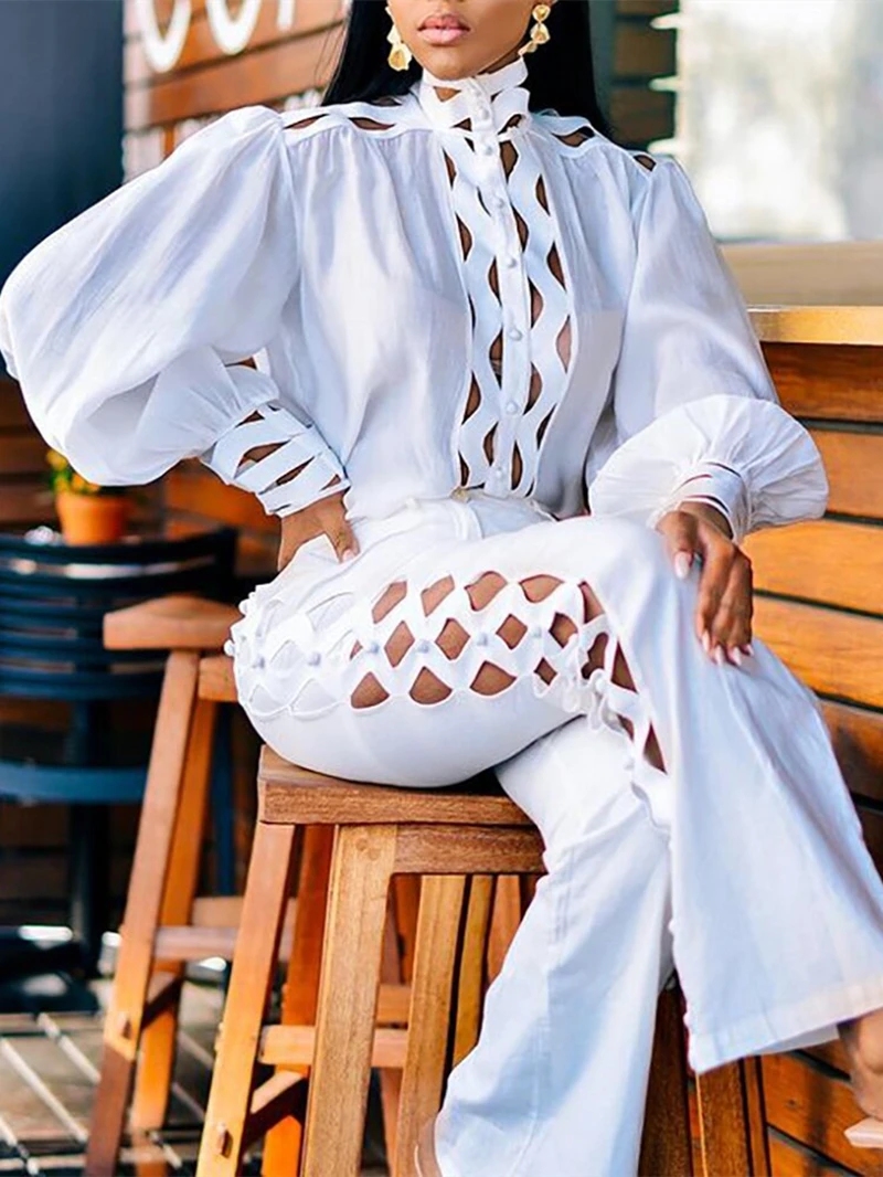 Женский брючный костюм из двух предметов, повседневный комплект из двух предметов с вырезами, рубашка с воротником-стойкой и рукавами-фонариками на весну