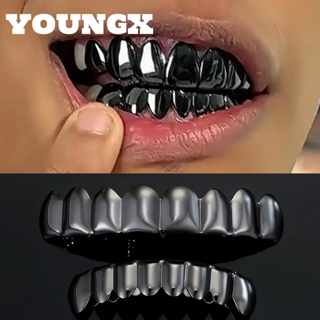 YOUNGX Grillz Dentales Brillantes Negros Lisos para Dientes Superiores e Inferiores, Estilo Hip Hop, para Hombres y Mujeres, Joyería Dental Usable