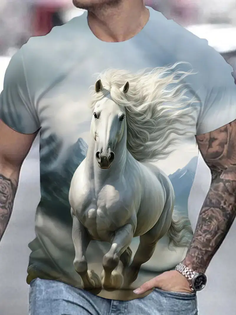 Running White Horse Graphic 3d Print Men's T-shirt Fashion Short Sleeve Crew Neck Unisex Tee shirt Casual Summer Personality Top